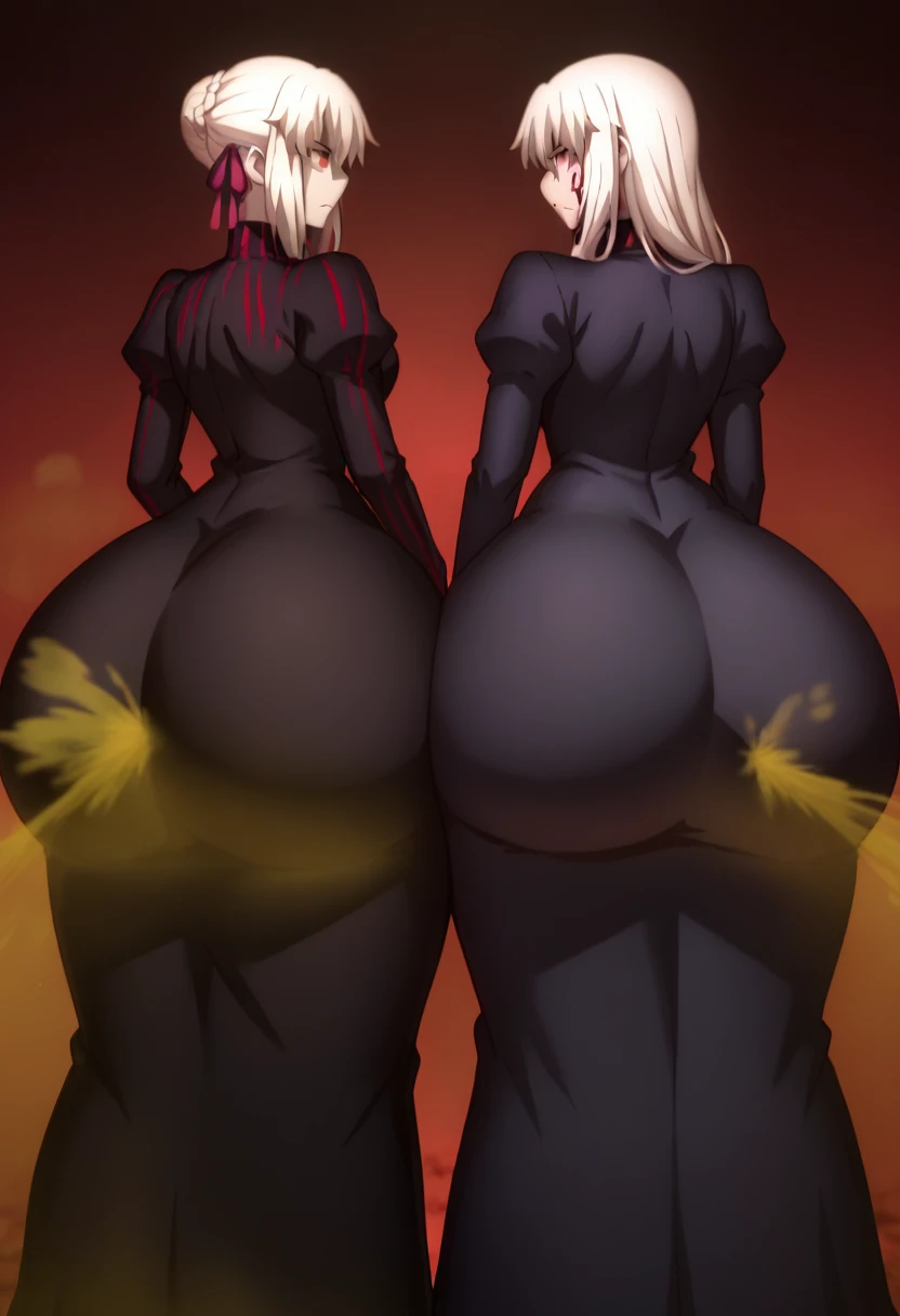 highest quality, high resolution, two females, two girls side by side., artoria pendragon (alter), sakura matou,, ass, hyper ass...