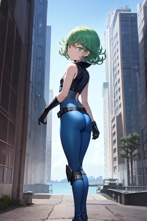 Masterpiece, best quality, ultra detailed, illustration, lighting epic, cinematic composition, 1 girl, Tatsumaki, short hair, green hair, very small breasts, green eyes, bright eyes, smiling, blushing, closed mouth, piercing gaze, full body, Black Collar, ...