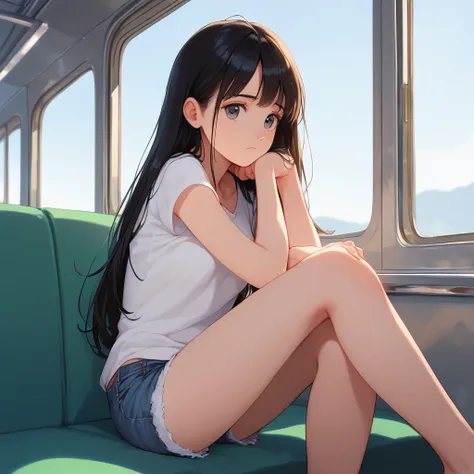 masterpiece,Best Quality, ソースanime, Realistic, super detailed, Very detailed, evaluation_safe,
One girl, sit on train seat, Box seats, Staring out the train window,  
Break Girl, １５age, Shiny Hair, Beautiful fine details, Beautiful Face,
White T-shirt, Den...