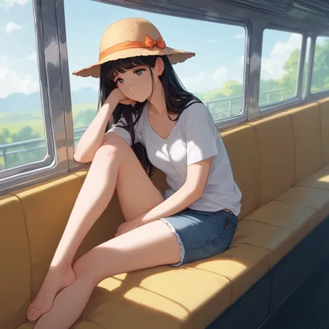 masterpiece,Best Quality, ソースanime, Realistic, super detailed, Very detailed, evaluation_safe,
One girl, sit on train seat, Box seats, Staring out the train window,  
Break Girl, １５age, Shiny Hair, Beautiful fine details, Beautiful Face,
White T-shirt, Den...