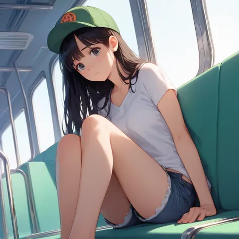 masterpiece,Best Quality, ソースanime, Realistic, super detailed, Very detailed, evaluation_safe,
One girl, sit on train seat, Box seats, Staring out the train window,  
Break Girl, １５age, Shiny Hair, Beautiful fine details, Beautiful Face,
White T-shirt, Den...