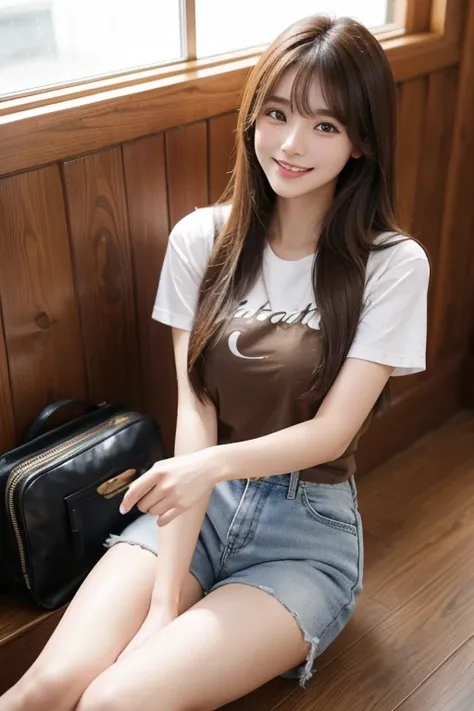 High resolution, Long Hair, , bangs, Brown Hair, Large Breasts, Beautiful Face、
165cm.２４age、Japanese、Natural Makeup、Smiling model body type、Hot pants、T-Shirts、Short boots、Handbags、Girl sitting