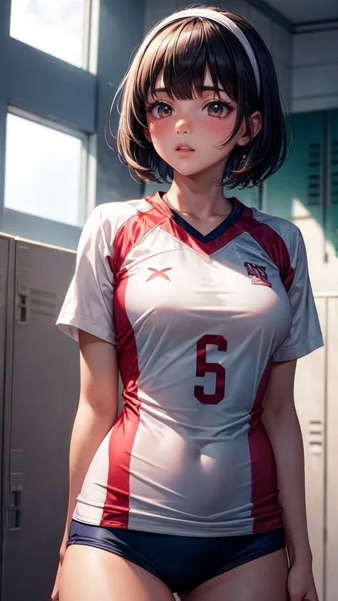 Bobcut, Floating Hair, A slight blush, Volleyball Uniforms, Locker Room, Hair accessories, 4K, Textured skin, Super detailed, Best Quality