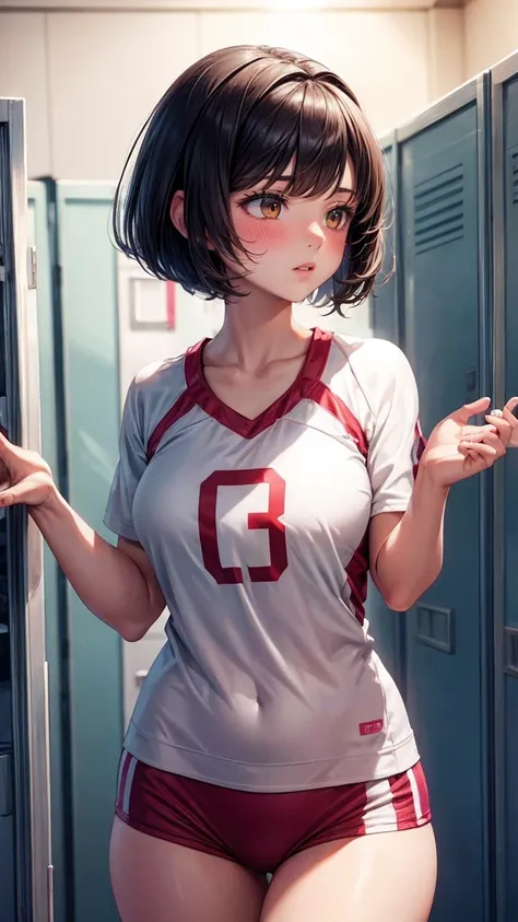 Bobcut, Floating Hair, A slight blush, Volleyball Uniforms, Locker Room, Hair accessories, 4K, Textured skin, Super detailed, Best Quality