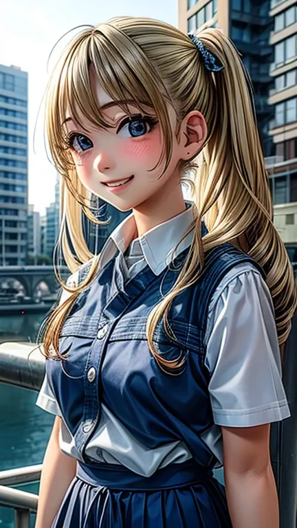 blonde、girl、Twin tail hair、smile、Urban Background