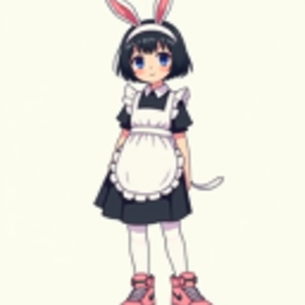 Boy, black hair, bob cut, Dark blue eyes, bunny ears headband, maid dress, white stockings, pink Nike Air force 1 shoes, blank background, anime