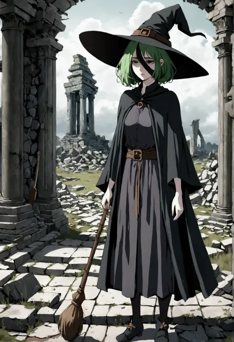 Witch woman short green hair, blind, eye covering strip, pale skin, Worn witch hat, worn out clothes, witch&#39;s staff, temple in ruins, penunbra, sad face, , loneliness.