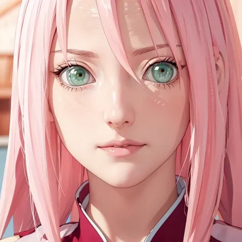 young woman, pale skin, short bubblegum pink hair, wide forehead, emerald green eyes, buttoned nose, peach lips, heart-shaped face, slender, red clothes, Sakura Haruno, 3d, realism, angelic face, maya in net
