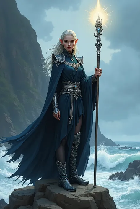 In RPG style, in style of Dungeons & Dragons, in style of fantasy painting. An illustrated movie poster, hand-drawn, full color. Full body view,  looking at the viewer. image of a  female Elf sorceress, wielding a silver magical staff. dark robe with silve...