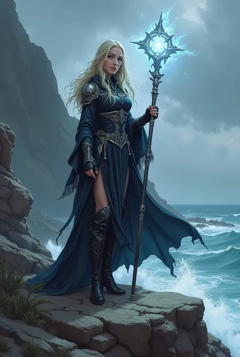 In RPG style, in style of Dungeons & Dragons, in style of fantasy painting. An illustrated movie poster, hand-drawn, full color. Full body view,  looking at the viewer. image of a  female Elf sorceress, wielding a silver magical staff. dark robe with silve...