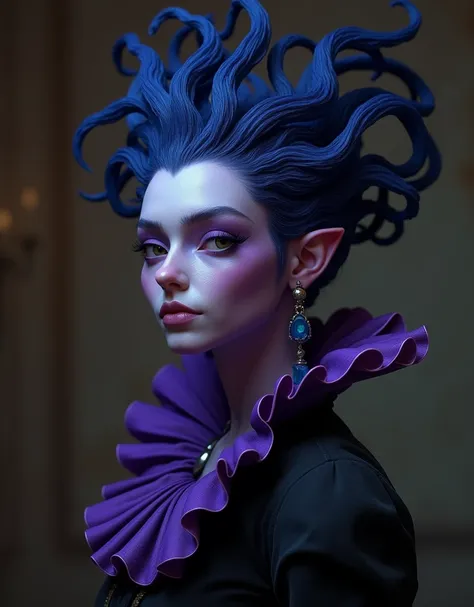 A portrait of Yzma, her skin has shades of purple color, extremely frail. She wears a black and purple dress with an indigo feather-like wig, blue earrings, and a frilled purple collar. Highly detailed, intricate detail matte painting, dark, concept art, 8...