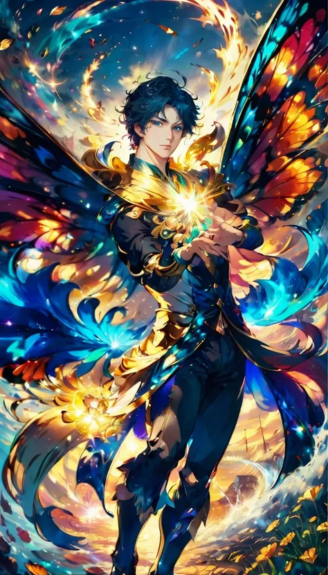 hero,(masterpiece, highest quality:1.2),Wind Spirit,male::perfect face,dance,butterfly々,flower,Wind,effect,become familiar with,magic effect,light,A very light, artistic, artist, color art, Use of magic,fancy,fantasy,beautiful,highest masterpiece,masterpie...