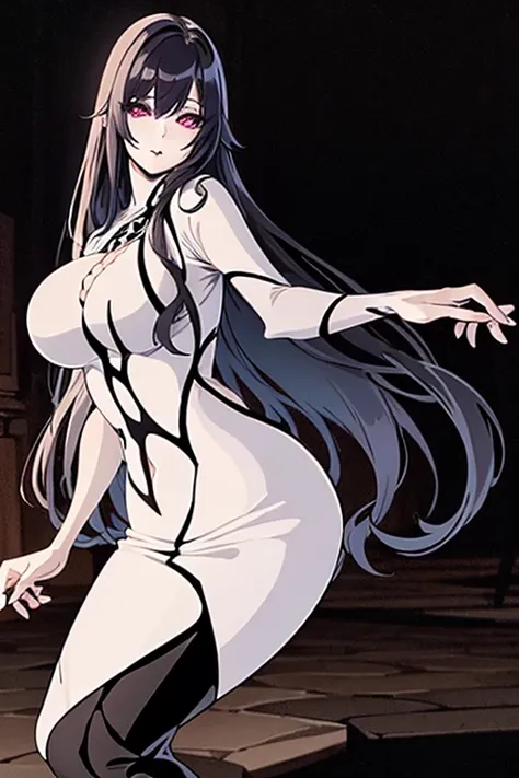 fantasmatica waifu, with a long tight white dress , by the wide, ojos morados, black lipstick, long white hair, big bust , (adve...