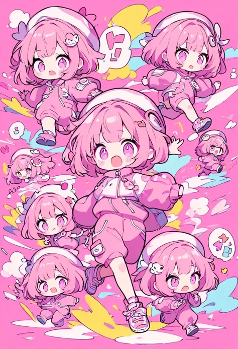 kawaii chibi character girl, pink bob haircut, cute big round eyes, expressive and various expressions, wearing baggy pink jumps...