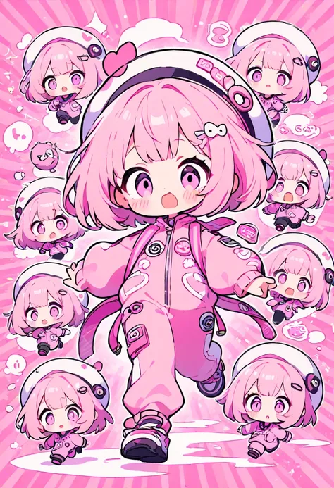 kawaii chibi character girl, pink bob haircut, cute big round eyes, expressive and various expressions, wearing baggy pink jumps...