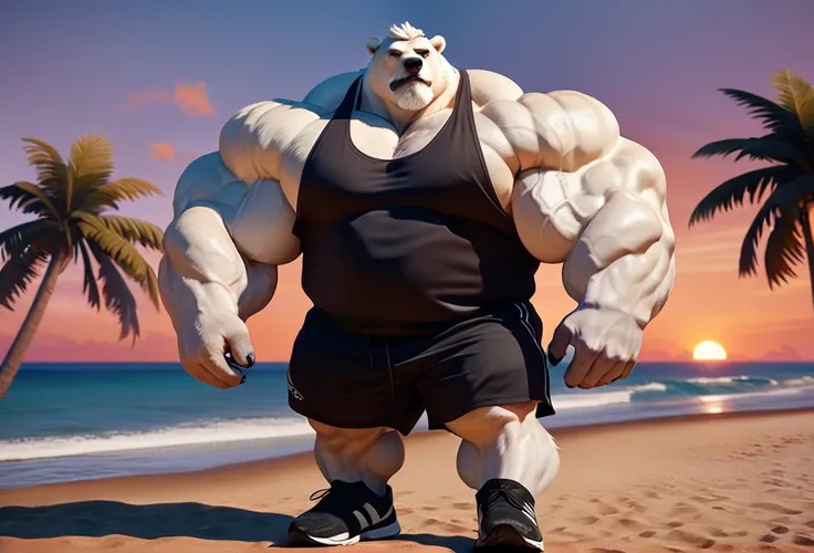 huge muscular polar bear in muscle beach, big bulk workout, grunting noise, polar bear, huge white fur, thick arm, huge arm, added gray mustache, added gray beard, Short white hair, weight: 350lbs, (veiny muscular, veiny pectoral, wide pectoral, thick arms...