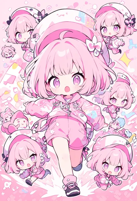 kawaii chibi character girl, pink bob haircut, cute big round eyes, expressive and various expressions, wearing baggy pink jumps...