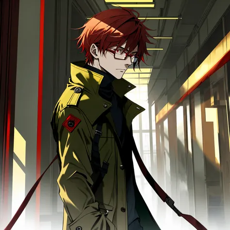 male，Dark red hair，Wearing glasses，Red eyes，Dark green coat，Full of wisdom，Located in the building