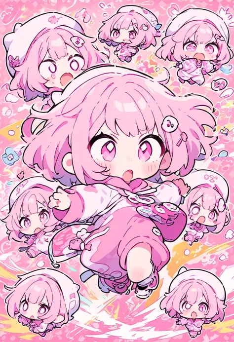 kawaii chibi character girl, pink bob haircut, cute big round eyes, expressive and various expressions, wearing baggy pink jumps...