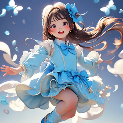 (masterpiece, best quality), my, frills, blue dress, short puffed sleeves, blue ribbon, happy, jump