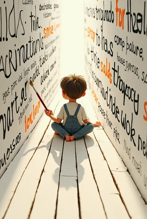 A boy sitting between the lines of a paragraph with brush by drawing the letters of the paragraph as if it is a wall and the line is a base for him to sit.
