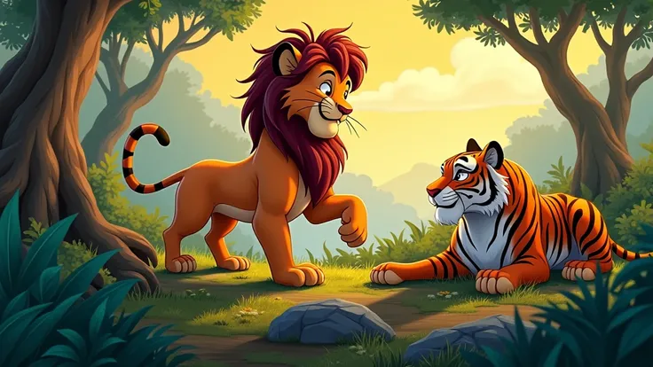 In 3d cartoon style."In the chaos, Simba lion notices tiger Tigru helping an injured deer. Simba hesitates, confused by this act."