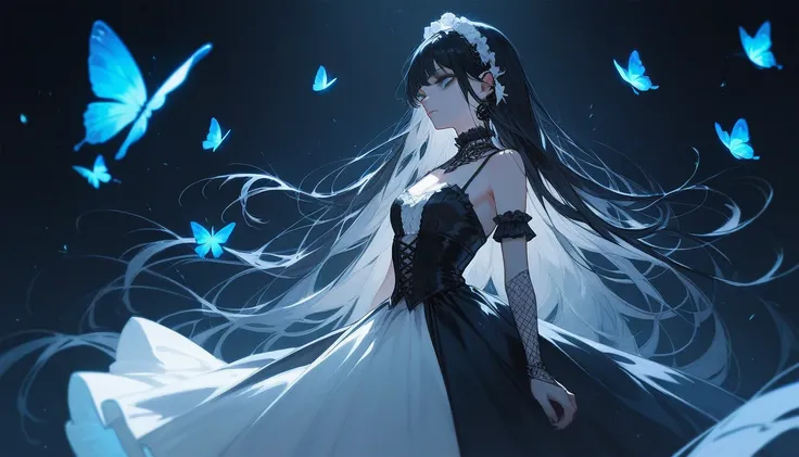 1girl, long black hair, straight hair, wearing gothic long dress, white gothic dress, blue butterfly in her head, in a dark room