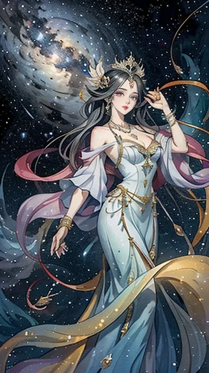 （masterpiece，Best Quality，High resolution, Unity8k wallpaper, Official Art), (One young beautiful girl), colorful, Detailed illustration art, Super detailed，Large Breasts, (Intertwined, Datura stramonium, Tangle), The Goddess, White lace dress, Silver Tiar...