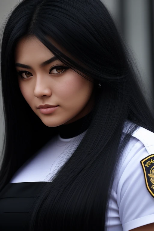 most very jet black hair , very long hair, very wolf hair, thick hair,fluffy hair,most very heavy-weight hairstyle,most very stiff hair,most very voluminous hair,female jail officer,black uniform,black pants,1 Japanese woman,most very angry face,strict wom...