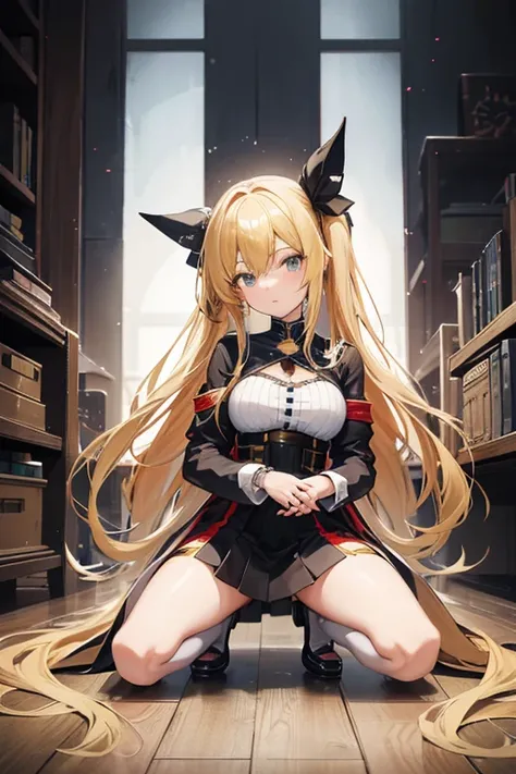 Long blonde haired anime girl kneeling on the floor, Anime girl crouching, にインスパイアされた美しいAnime girl crouching, , Long hair blonde anime girl, Enchanting anime girl, Naughty anime style,  In a dress, from Girls Frontline, thick, The finer details. Girls Fron...