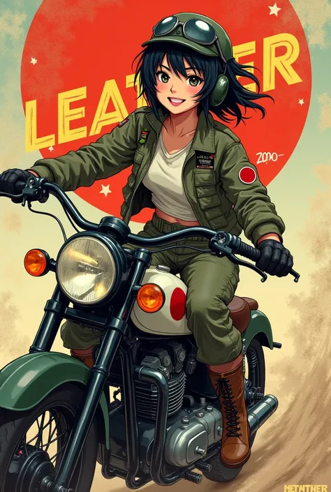 Pop Art Style. young, , Smiling Japanese woman, Messy black hair、He is wearing a stylish flight jacket with a Japanese flag patch on the shoulder..。Cargo pants, boots, Vintage helmet and gloves, Ride a military bike painted in Zero Fighter colors. On her h...