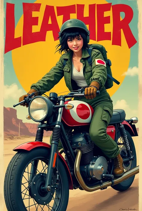 Pop Art Style. young, , Smiling Japanese woman, Messy black hair、He is wearing a stylish flight jacket with a Japanese flag patch on the shoulder..。Cargo pants, boots, Vintage helmet and gloves, Ride a military bike painted in Zero Fighter colors. On her h...