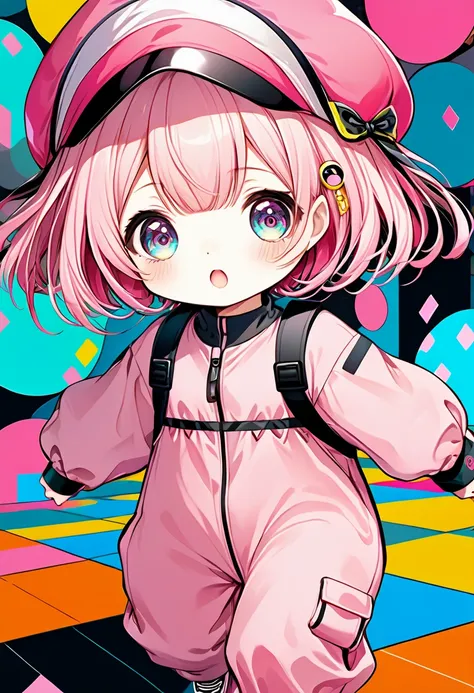 portrait, kawaii chibi character girl, pink bob haircut, cute big round eyes, expressive, wearing baggy pink jumpsuit, pink baggy hat, running, background vivid color pattern patchwork wallpaper, conceptual installation art, BREAK delicate and dynamic text...