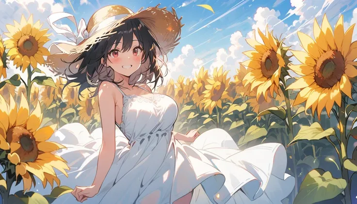 Beauty　smile　Embarrassed　blush　Black Hair　lipstick　Big Breasts　Straw hat　White dress　underwear　sandals　stand　front　Strong winds　Sunflower field　sunny　cloud