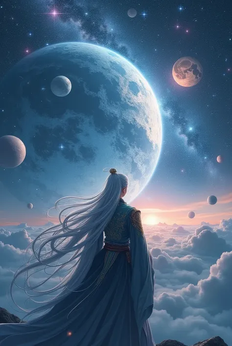 Backview of handsome Xianxia protagonist,long silver hair,and facing background of infinite planet on outer space 