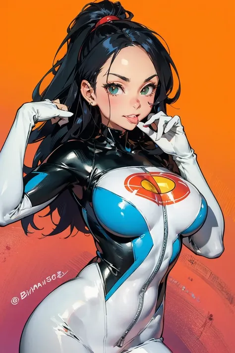 biting lip, ,style of akira toriyama,ruanyi0882,bodysuit,see-through,green bodysuit,orange bodysuit,white bodysuit,skin tight, big breasts, cute face, female bitch, gorgeous female, masterpiece.