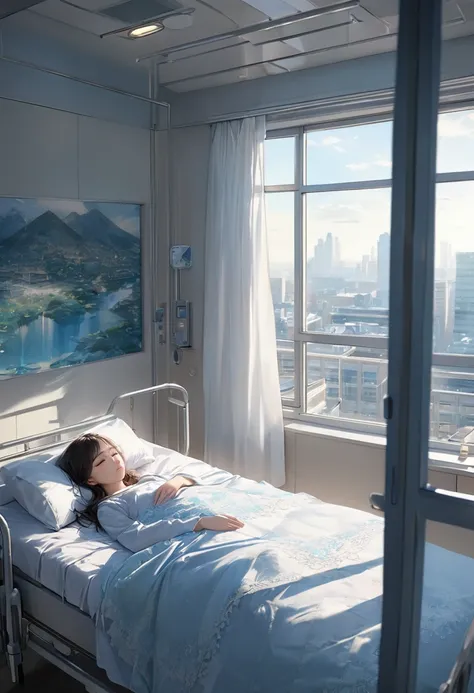 masterpiece、 Best Quality, Very detailed、8k、 High resolution, Fantasy、Scene Design、Hospital room、Sleep in bed、Put on the quilt、Girl gazing out the window、