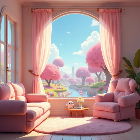 A cozy, pastel-colored living room with plush furniture and large, cartoonish windows overlooking a whimsical, candy-colored world. The room is filled with cute, animal-shaped decor. Concept art for a childrens animated film. Soft, warm lighting. Highly de...