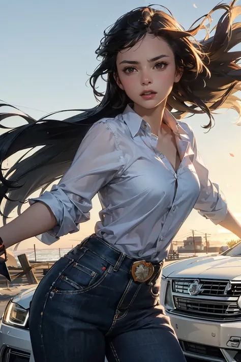 young girl , beautiful, cowboy shot of a very skinny girl, brown eyes, 
snapshot taken in front of a white Cadillac convertible parked on the sandy beach., break,
(The car is slightly reflected in the screen.)
masterpiece, high quality,16k,32K, beautiful, ...