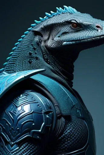 fking_scifi anthropomorphic Komodo Dragon King. Show the whole body. The skin color is blue-green. The presence of horns on the head. Armor with intricate details. Rich in scale texture. Professional studio shots. Ultra-realistic, intricate details