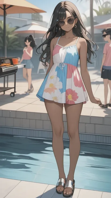 Young woman with a very short Dress, pink sleeveless top, floral dress, trans flag colors dress, black eyes,(((brown skin))), black hair, long wavy hair, wearing silver sandals, sunglasses;
Standing in front of pool,  water moving, with cute smile, posing,...