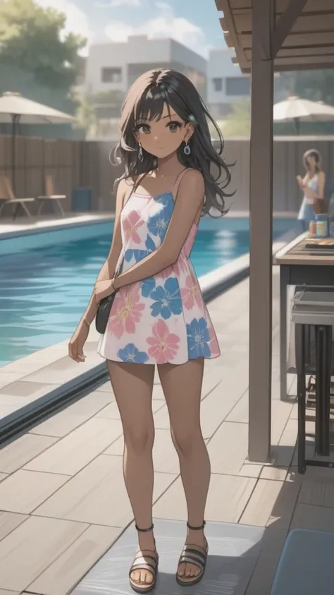 Young woman with a very short Dress, pink sleeveless top, floral dress, trans flag colors dress, black eyes,(((brown skin))), black hair, long wavy hair, wearing silver sandals, sunglasses;
Standing in front of pool,  water moving, with cute smile, posing,...