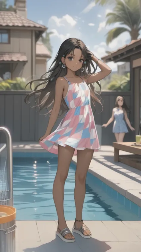 Young woman with a very short Dress, pink sleeveless top, floral dress, trans flag colors dress, black eyes,(((brown skin))), black hair, long wavy hair, wearing silver sandals, sunglasses;
Standing in front of pool,  water moving, with cute smile, posing,...