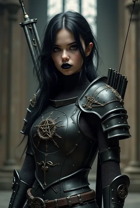 warhammer serious young hardcore mercenary    Archer  goth cute female young girl with black and white hair streak badass in pure black custom crusader marine chainmail armour with satantic hexs symbols embroidery carved  onto armour goth smokey makeup, bl...