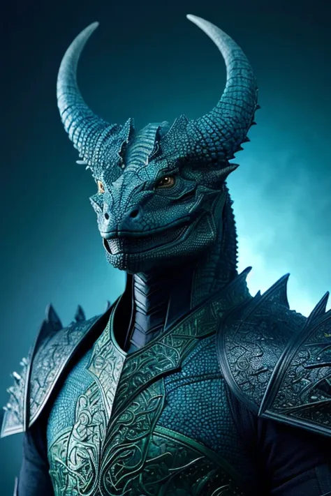 fking_scifi anthropomorphic Komodo Dragon King. Show the whole body. The skin color is blue-green. The presence of horns on the head. Armor with intricate details. Rich in scale texture. Professional studio shots. Ultra-realistic, intricate details