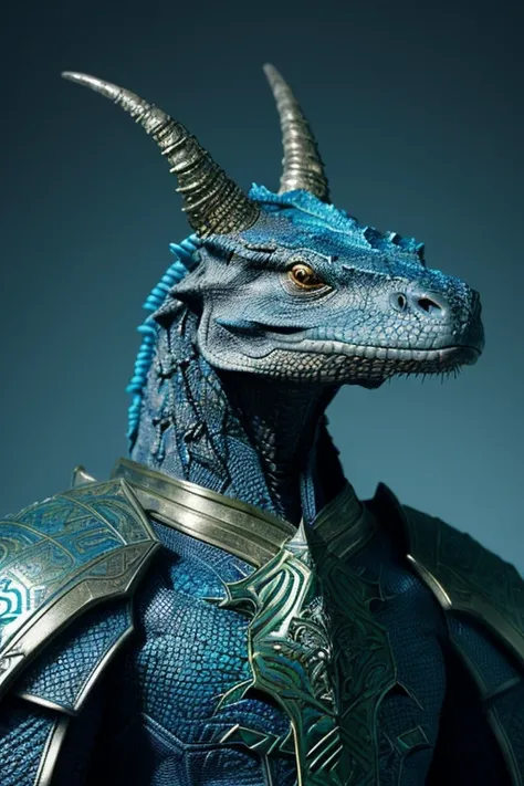 fking_scifi anthropomorphic Komodo Dragon King. Show the whole body. The skin color is blue-green. The presence of horns on the head. Armor with intricate details. Rich in scale texture. Professional studio shots. Ultra-realistic, intricate details