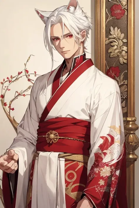 ((The best quality)), ((Masterpiece)), (DETAILED), man with white hair long to the waist, red eyes, white cat ears, white and gold kimono