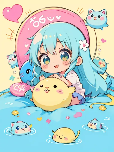 Hayao Miyazaki style、Kawaii Design, The most beautiful girl of all time、chibi, Cute and colorful amoeba, 寝る, best smile, hospital bed, colorful hearts