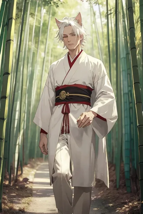 ((The best quality)), ((Masterpiece)), (DETAILED), man with white hair long to the waist, red eyes, white cat ears, white and gold kimono, Walk in a bamboo forest