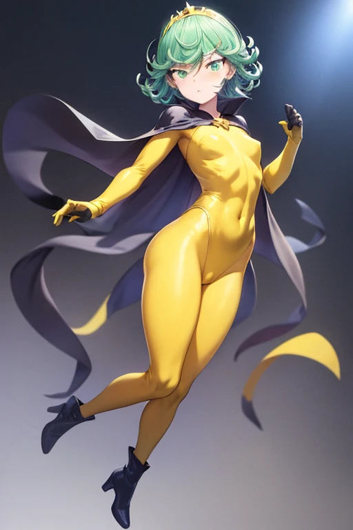 Masterpiece, best quality, ultra detailed, illustration, epic lighting, cinematic composition, 1 girl, Tatsumaki, short hair, green hair, very small breasts, green eyes, bright eyes, blushing, closed mouth, piercing gaze, full body, Star-shaped tiara, Hand...